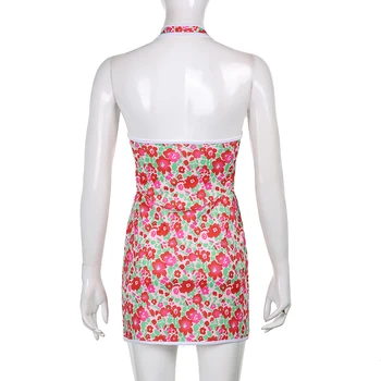 HEYounGIRL Gėlių Gėlių Spausdinti V Kaklo Apynasrio Bakas Suknelė Moteris Vasarą Rankovių Backless Bodycon Mini Suknelės Ponios Y2K 90s