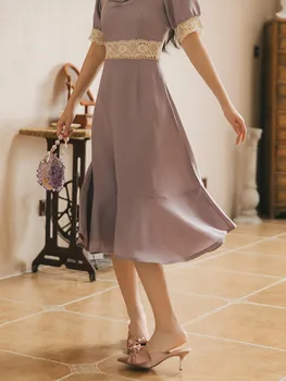 Korėjos Mados Moterų Suknelė Vasaros Derliaus Šviesiai Violetinės Spalvos Nėriniai Kratinys Aikštėje Apykaklės Trimitas Elegantiškas Princesė Suknelės Data Šalis