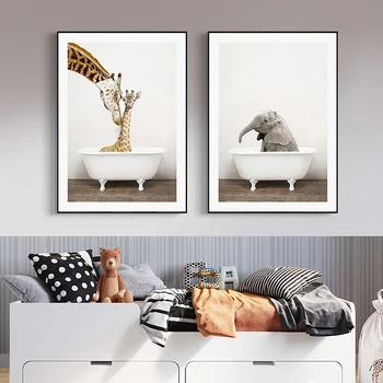 Kūdikių Gyvūnų Vonia Plakatą, Žirafa, Dramblys panda Drobės Tapybos Darželio Spausdinti Sienos paveiksl Vaikams Vonios kambarys Kūdikio Kambario Dekoro