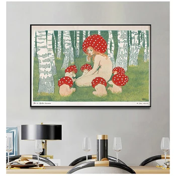Meno Miško dekoro Senovinių miškų Drobė Spausdinti Tapybos Motina Grybo su savo vaikais Derliaus menas spausdinti Plakato Grybų sienos
