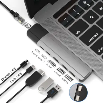 Mosible USB C Hub su HDMI, Gigabit Ethernet Rj45 100M/1000M USB-C Dokas PD Duomenų Port Hub 3.0 TF SD 