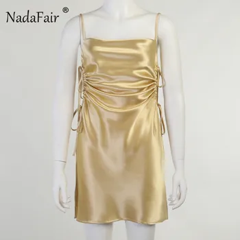 Nadafair Mini Satino Suknelė Seksualus Backless Juosmens Iškirpti Miego Atsitiktinis Dirželis Suknelė Klubas Komplektus Šalies Vyniojami Šilko Suknelė Moterims 2021