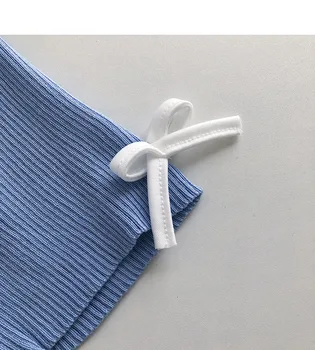 Nauja vasaros korėjos lankas kaklaraištis kvadratinių kaklo trumpas apkarpyti plonas plonas mezgimas t-shirt moterims