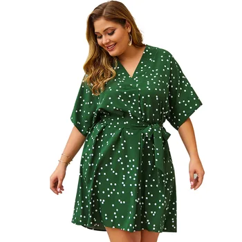 Naujas 2021 m. vasarą plius dydis midi suknelė moterims didelis trumpomis rankovėmis prarasti spausdinti dot žalia v kaklo suknelė, diržas baltas 4XL