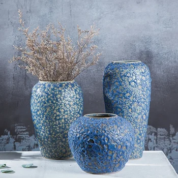 Naujas Kinijos Retro Mėlyna Molio Keramikos Vaza Kambarį Prieškambario TV Spintelė, Miegamajame Gėlių Konteinerių Namų Dekoratyvinės Vazos