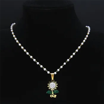 Nerūdijančio Plieno Crystal Saulės, Gėlių Karoliai, Aukso Spalvos Pareiškimą, Karoliai, Perlų Papuošalai collares de perlas N4903S01