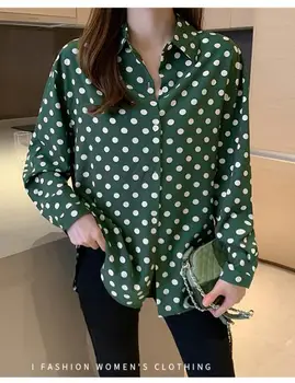 Plius Dydis Atsitiktinis Palaidų Viršūnes Office Laday Dot Single-Breasted Mygtuką Marškinėliai Blusas Femininas Elegantiškas Šifono Palaidinė Moterų Top 2020 M.