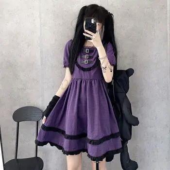 QWEEK Goth Japonijos Harajuku Gothic Lolita Dress 2021 M. Vasarą Sluoksniuotos Rankovėmis Seksualus Šalies Violetine Skara Suknelė Raukiniai, Nėriniai Suknelė, Saldumynai