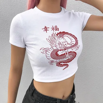 Sexy marškinėliai Moterims Atsitiktinis Mados Lieknėjimo geriausių Europos Amerikos Moterų 2020 Laimingas Drakonas Spausdinti Megzti Estetinės Edgy Marškinėliai