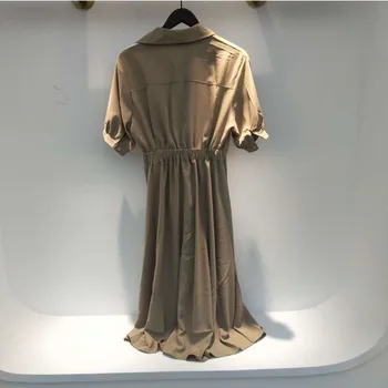 SHENGPALAE Kontrasto Spalvų Suknelė Moterų Vasaros 2021 Naujas Atvartas Slim Vieną Mygtuką Juosmens Trumpas Rankovės Vidurio blauzdos Moterų Suknelės