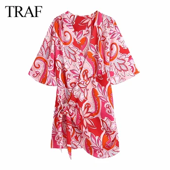 TRAF Moterų Suknelė 2021 M. Vasarą Za Naujas Retro V-kaklo Totem Gėlių Spausdinti Plisuotos Kimono Mini Suknelė Moterų Mados Trumpas Rankovės Dre