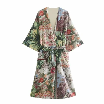 TRAF Za 2021 M. Vasaros Derliaus Spausdinti Kimono Stiliaus Prarasti Midi Suknelė Moteris Mados Su Diržo Atsitiktinis Suknelės ilgomis Rankovėmis Kišenėje Skraiste