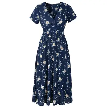 Trumpas Rankovės Gėlių Spausdinti Vasaros Moterų Suknelė V-Kaklo Aukštos Juosmens Suknelė Vintage Moterų Mini Juoda suknelė Vestidos 2021