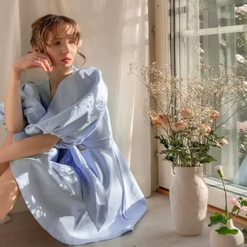 Trumpas sluoksniuotos Rankovėmis Mini Vasaros Suknelė Moterims 2021-line peteliškę Mėlynos spalvos Pledas Šalis Suknelė Elegantiškas Streetwear Seksualus Sundress Naujas