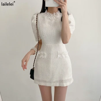 Tvido Nėrinių O-Kaklo Trumpą Suknelę Sluoksniuotos Rankovėmis Balti Vestido Curto Vasaros 2021 M. Derliaus Elegantiškas Biuras Rožinė Korėjos Mielas Skraiste Femme