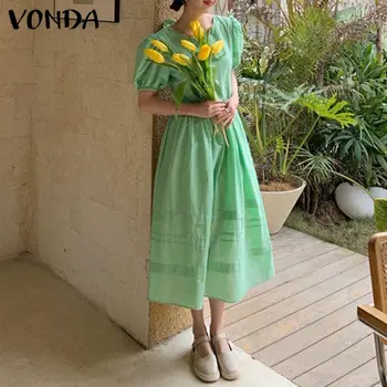 Vasaros Bohemijos Suknelė Vintage Sluoksniuotos Rankovėmis Šalies Midi Ilgio Suknelė 2021 VONDA Bohemijos Paplūdimio Sundress Atsitiktinis Vestidos
