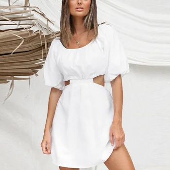 Vasaros Medvilnės Linija Mini Suknelė Moterims, Trumpas Sluoksniuotos Rankovėmis Tuščiaviduriai Juosmens Suknelės Moterų 2021 Atostogų Balti Sexy Lady Suknelė Drabužių