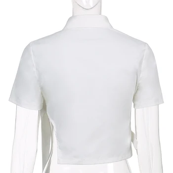 Weekeep Elegantiškas, Kietas Iškirpti T-Shirt Moterims trumpomis Rankovėmis Mygtukus Aukštyn Tee Marškinėliai Vasaros Prašmatnus Y2K Balta Pasėlių Viršuje Harajuku Streetwear
