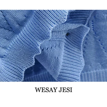 WESAY JESI Mados Vasaros Megztinis Moterims Trumpas Viršūnes Moterų Megztinis Single-Breasted Moterų Drabužių Mėlyna Tuščiaviduriai Iš Nėrimo
