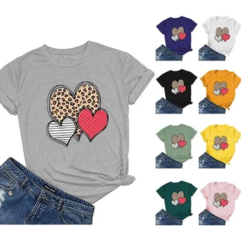 Širdies Pledas Leopardas Spausdinti Moterų Marškinėliai Trumpomis Rankovėmis O Kaklo Prarasti Moterų Marškinėlius Ponios Marškinėliai, Topai Drabužius Camisetas Mujer