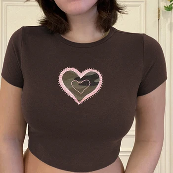 Širdies Siuvinėjimas, Marškinėliai Moterims Cyber Y2k Pasėlių Viršuje Moterims Vasaros Crewneck Harajuku Tshirts Derliaus Indie Estetika Streetwear